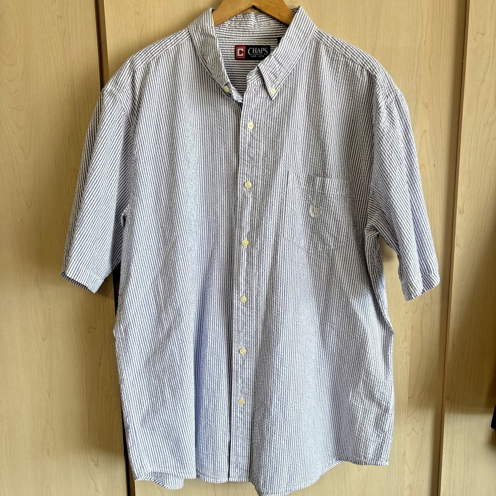 Chaps Shirt Men's Sz XXL Short Sleeve Button Down Seersucker White Blue Striped‎